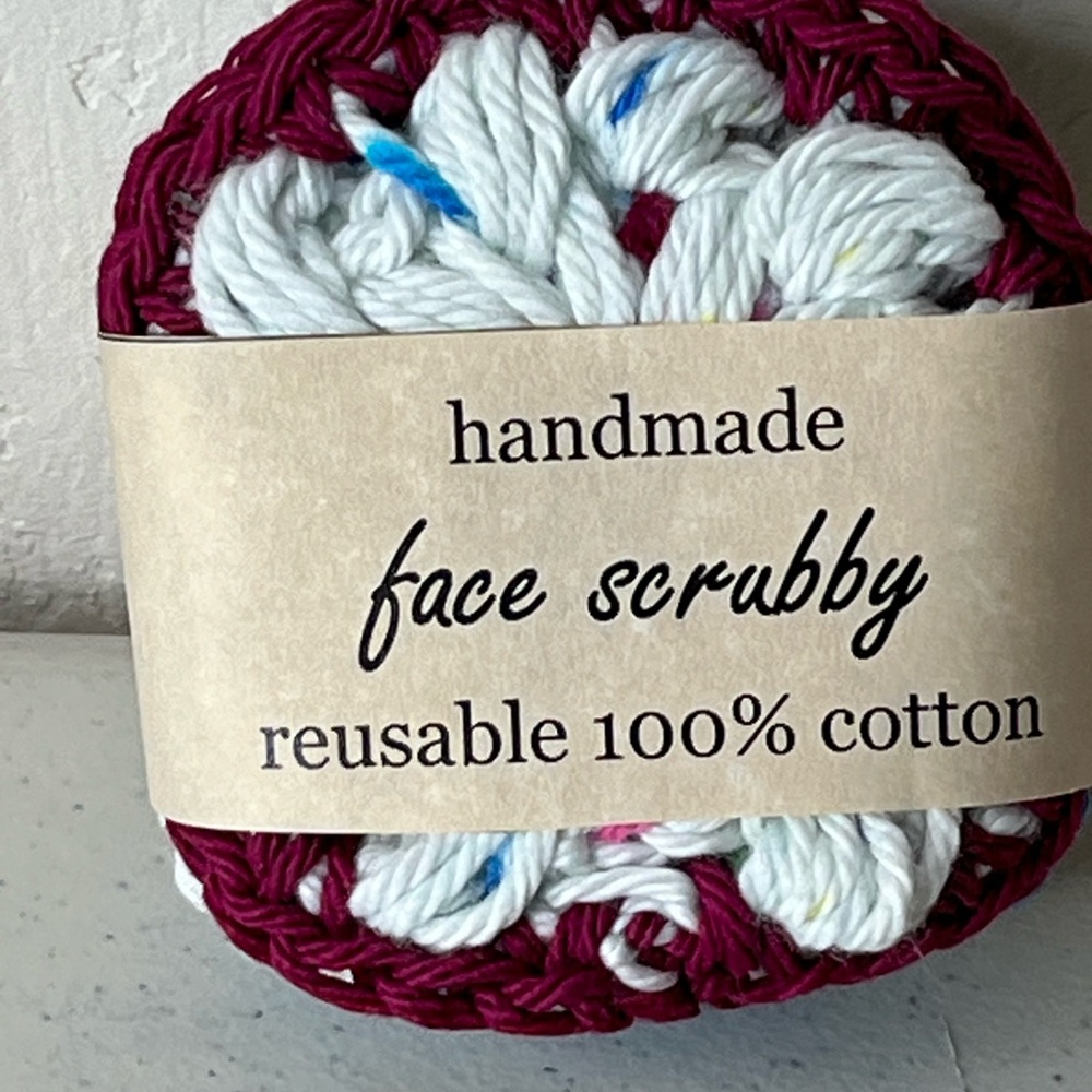Handmade Cotton Face Scrubby - Burgundy and White